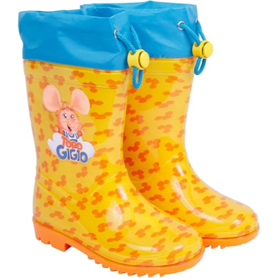 Botas de chuva amarelas com personagem Topo Gigio e punho azul