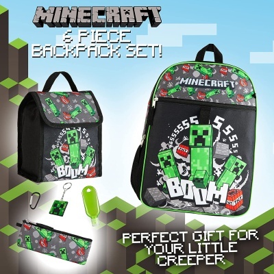 Conjunto de mochila e acessórios Minecraft com design preto e verde e personagens do jogo.