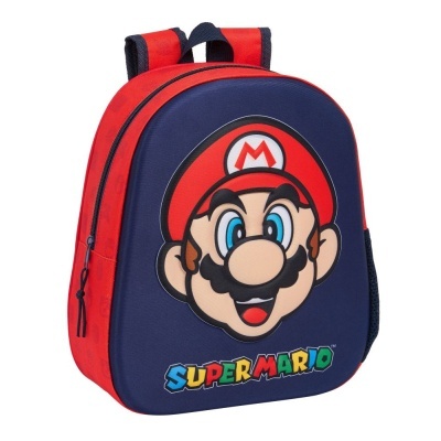 Mochila infantil Super Mario azul e vermelha com imagem do personagem na frente