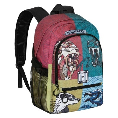 Mochila colorida com estampas de animais e texto HOGWARTS
