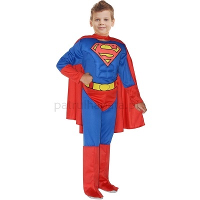 Fantasia infantil do Super-Homem azul e vermelha com capa, símbolo 'S' e botas