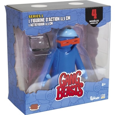 Figura de ação Gang Beasts azul com viseira laranja em embalagem transparente e azul