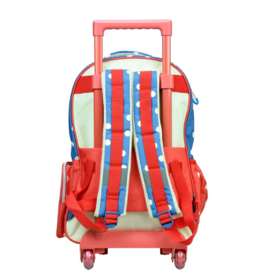 Mochila escolar com rodinhas e alças listradas azul e vermelha