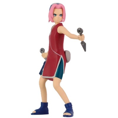 Figura colecionável de personagem com túnica vermelha e cabelo rosa