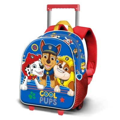 Mochila infantil azul e vermelha com personagens da PAW Patrol e texto COOL PUPS.