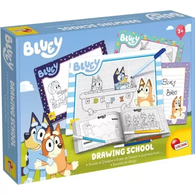 Caixa do brinquedo educativo Bluey Drawing School com personagens de cães e livros de atividades para desenhar