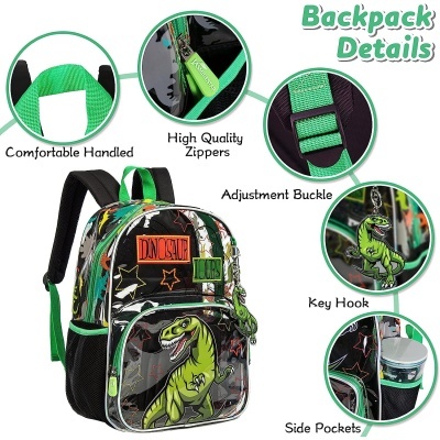 Mochila infantil com padrão de dinossauro e detalhes em verde e preto