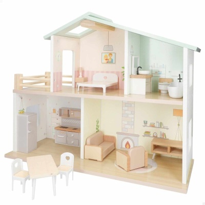 Casa de bonecas em madeira com mobília e decoração interior em tons neutros e pastel