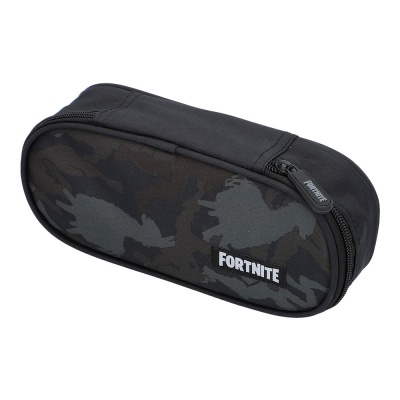 Estojo escolar preto com padrão camuflado cinzento e fecho de correr com texto FORTNITE