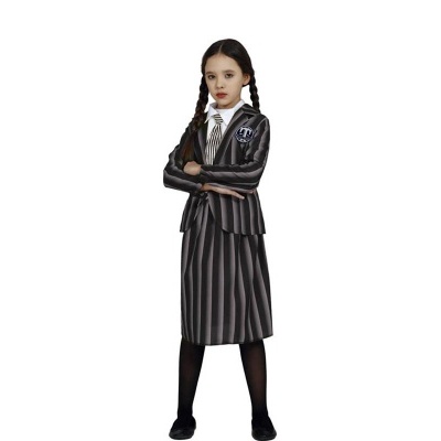 Vestido cinzento com riscas verticais e casaco para criança