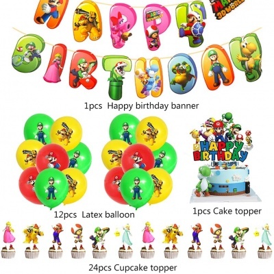 Decoração de festa Super Mario com faixa de letras, balões coloridos, topper para bolo e toppers para cupcakes.