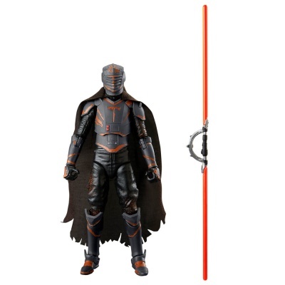 Figura de ação de personagem com armadura preta e detalhes laranja, e sabre de luz vermelho.