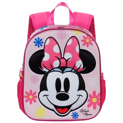 Mochila infantil rosa com estampa da Minnie Mouse e flores coloridas