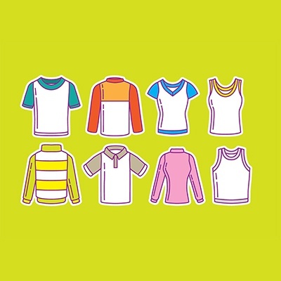 Oito peças de vestuário coloridas desenhadas em fundo verde-lima