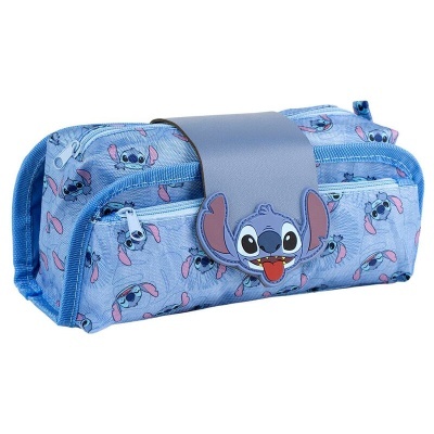 Estojo azul claro com estampas do personagem Stitch e faixa cinza com rosto do Stitch