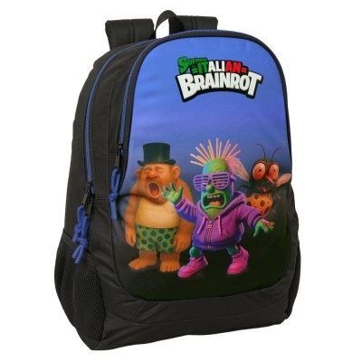 Mochila preta e azul com personagens do desenho Super Italian Brainrot