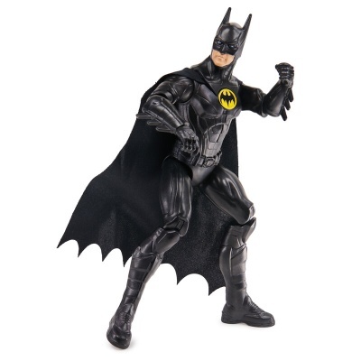 Figura de ação do Batman com capa preta e símbolo amarelo