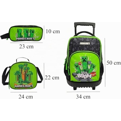 Conjunto mochila, bolsa e estojo Minecraft verde e preto com personagens e texto