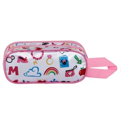 Estojo retangular branco com padrão colorido e detalhes em rosa