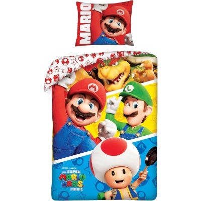 Roupa de cama Super Mario Bros com personagens Mario, Luigi e Toad em cores vibrantes
