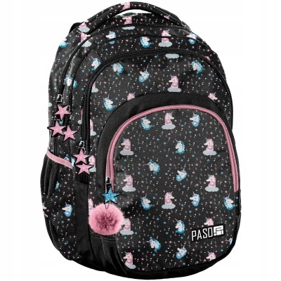 Mochila preta com unicórnios azuis e rosas e detalhes em rosa.
