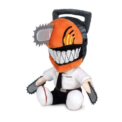 Boneco de pelúcia com capacete laranja de motosserra e roupa formal