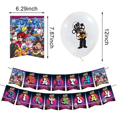 Balão branco com desenho preto e branco, faixa decorativa com personagens e números coloridos