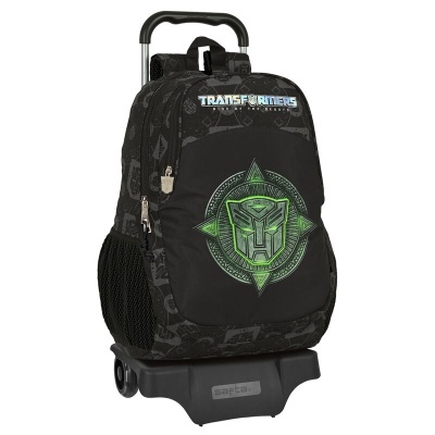 Mochila preta com carrinho e logotipo verde dos Transformers