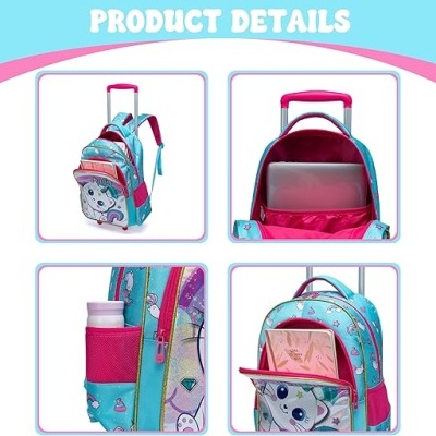 Mochila unicornio azul e rosa com alça e bolsos cor de rosa