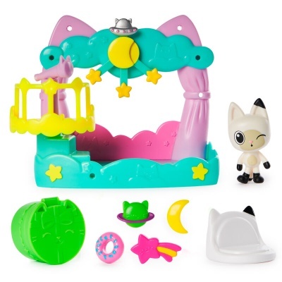 Brinquedo infantil colorido com gato e acessórios espaciais
