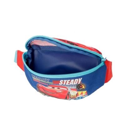 Mala de cintura azul com zíper azul-claro e ilustração do Relâmpago McQueen do filme Cars