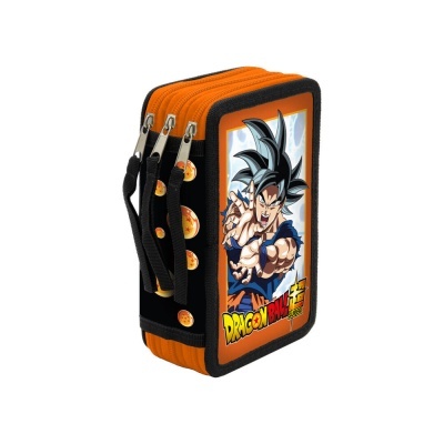 Estojo escolar com tema Dragon Ball Super, laranja e preto, com ilustração de personagem e texto.