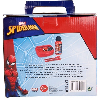Conjunto de lancheira Spider-Man com caixa para sanduíche, garrafa, talheres e embalagem colorida