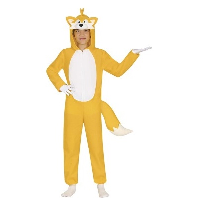 Fato infantil de raposa amarelo e branco com capuz e cauda