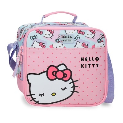 Mala de mão rosa e lilás com padrão Hello Kitty e texto HELLO KITTY