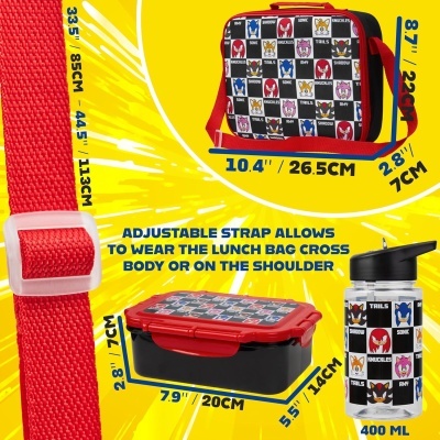 Conjunto de saco térmico, caixa para almoço e garrafa com padrões coloridos e alça vermelha