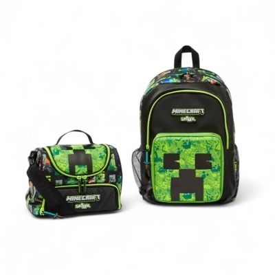 Mochila e lancheira Minecraft verdes e pretas com padrão pixelado e rosto de Creeper
