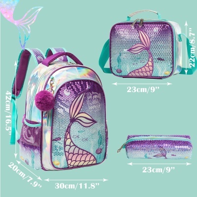 Conjunto mochila, lancheira e estojo com padrão cauda de sereia roxo e azul