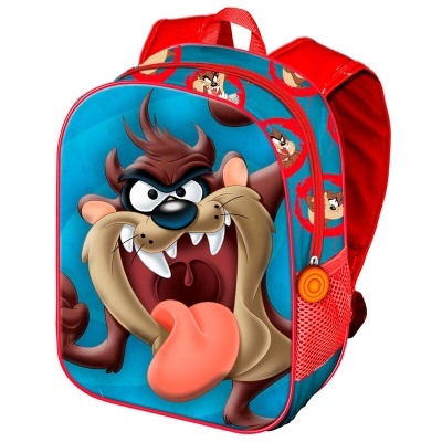 Mochila infantil vermelha e azul com desenho do personagem Taz.