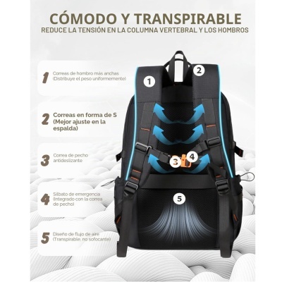 Mochila preta com alças largas e correia de peito com apito de emergência