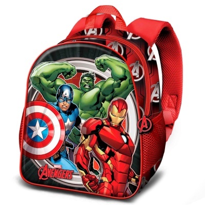 Mochila infantil vermelha com desenho dos Avengers Capitão América, Hulk e Homem de Ferro