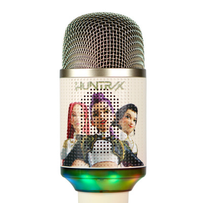 Microfone prateado com personagens animadas e texto HUNTRX