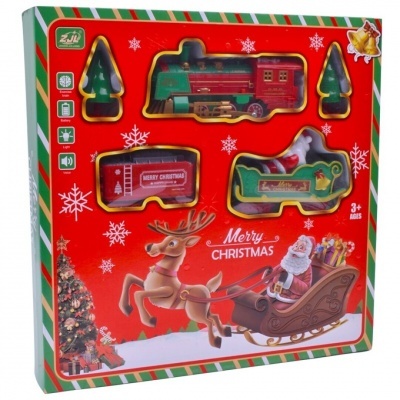 Caixa de brinquedo com comboio natalício verde e vermelho e árvores em embalagem vermelha Merry Christmas