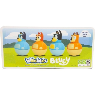 Conjunto Weebles Bluey com quatro figuras coloridas e suporte ilustrado