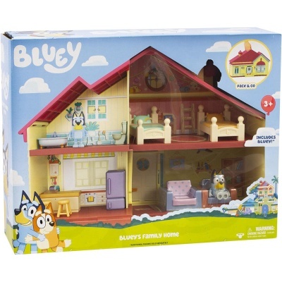 Casa de bonecas Bluey com móveis e bonecos em embalagem azul