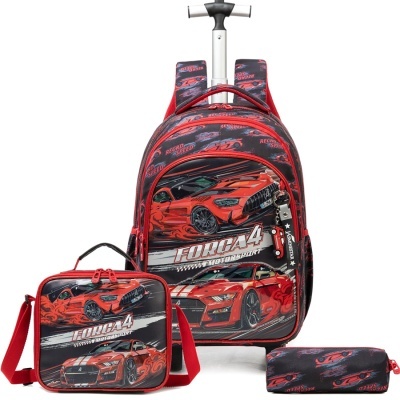 Conjunto de mochilas e estojo com padrão de carros desportivos vermelhos e texto FORÇA4