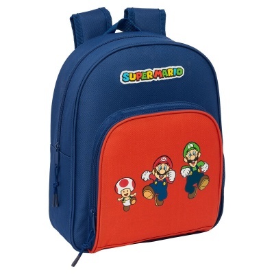 Mochila infantil azul com bolso vermelho e personagens do Super Mario