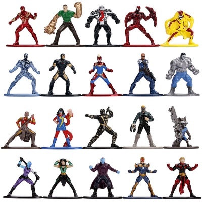 Vinte figuras de ação coloridas de super-heróis em quatro fileiras