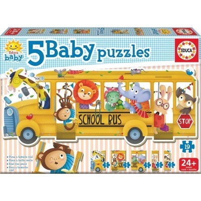 Caixa de 5 puzzles para bebés com autocarro escolar amarelo e animais caricaturados