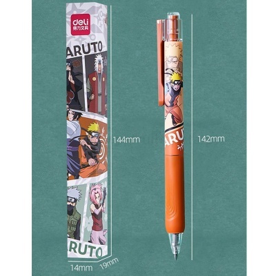 Caneta decorada com personagens de Naruto e embalagem correspondente